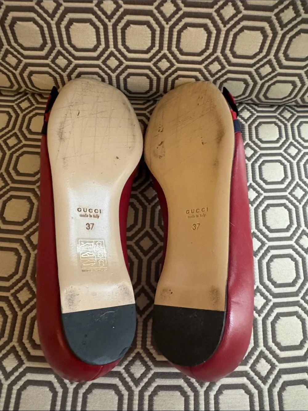 Gucci Red Leather Flats with Navy Ribbon Bow